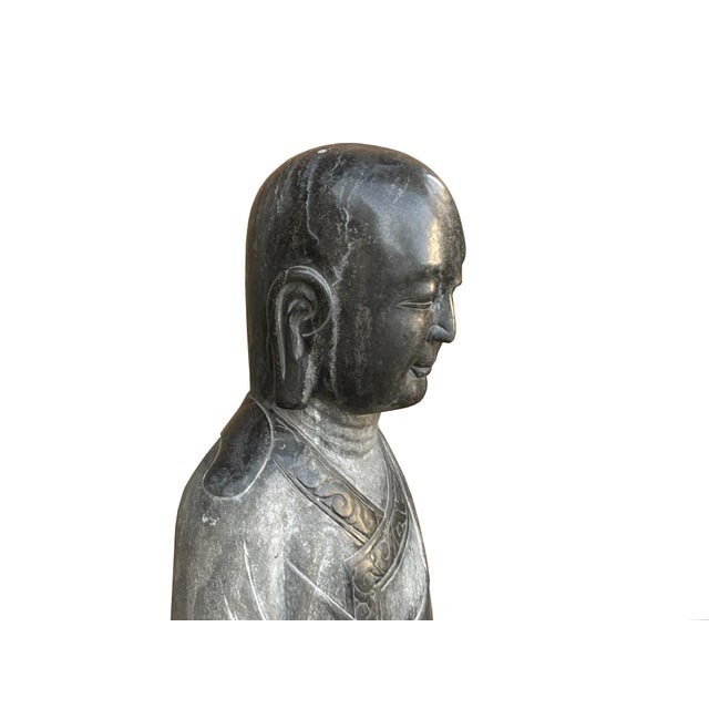 Chinese Weathered Black Gray Patina Stone Standing Monk Luohan Arhat Statue For Sale - Image 11 of 13