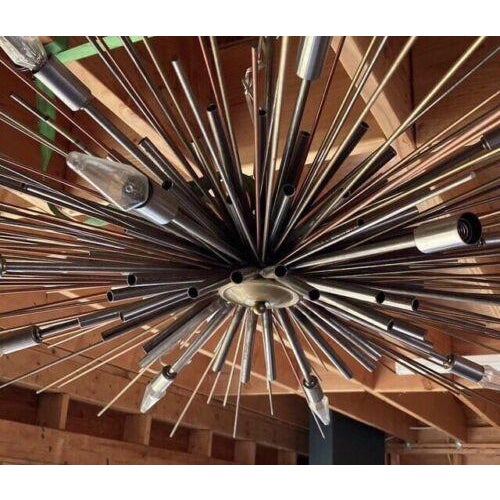 Lou Blass Brutalist Mixed Metal Chandelier Flat Sputnik 16 LT Chandelier 42”R. 12 inch pipe coming out the top 15 inches...