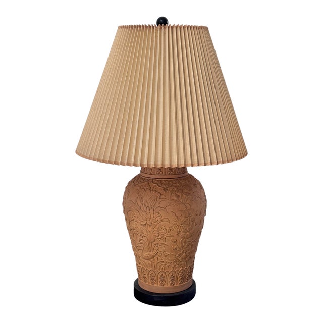 Vintage 1970's Chapman Chinoiserie Relief-Carved Terracotta Lamp W/ Original Shade For Sale