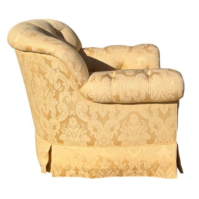 Brunschwig & Fils Brunchwig & Fils Yellow Damask Fully Upholstered Roll Arm Club Chair For Sale - Image 4 of 6