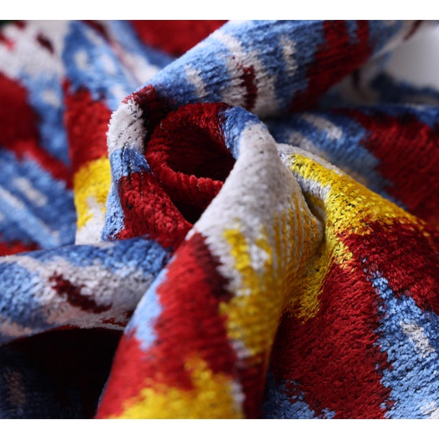 Textile Hand-Knotted Silk Ikat Lumbar Pillow - 16x24 Red & Blue Velvet Accent For Sale - Image 7 of 8