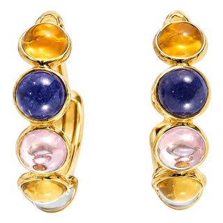 18K Yellow Gold Cabochon Citrine Topaz Rose Quartz Hoop Earrings Estate For Sale