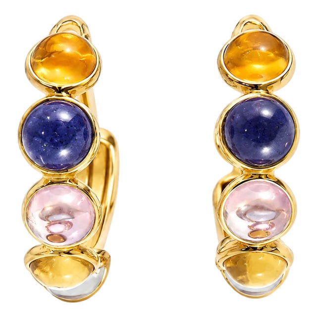 18K Yellow Gold Cabochon Citrine Topaz Rose Quartz Hoop Earrings Estate For Sale