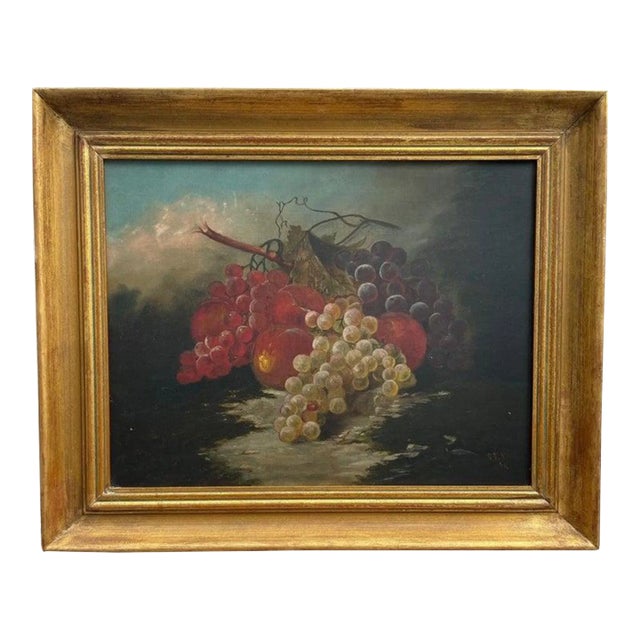 19th Century American Oil Painting Still Life With Fruit and Grapes. For Sale