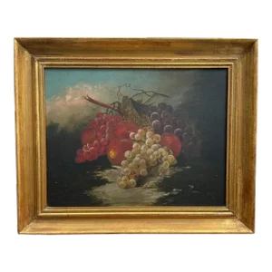 19th Century American Oil Painting Still Life With Fruit and Grapes.