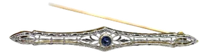 The Bouse: Signed Krementz 14K Gold and Platinum Topped Filigree Bar Brooch set with Montana Sapphire