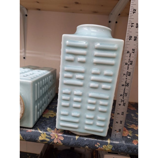 Pair of Antique Chinese Celadon Glazed Cong Vases With Eight Trigrams Motif For Sale - Image 4 of 9