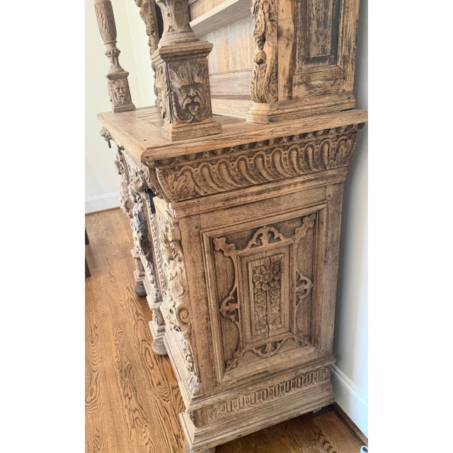 French 19th Century French Antique Carved Bleached Oak Buffet / Hutch For Sale - Image 3 of 12
