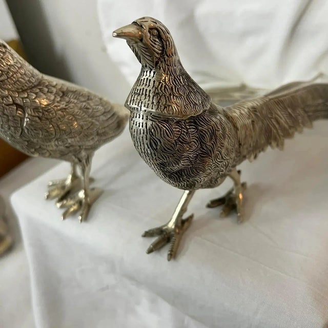 Silver Vintage Silverplate Table / Mantle Pheasants - A Pair For Sale - Image 8 of 9