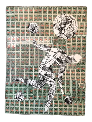 Original Contemporary Wayne Cunningham Abstract “Running Man” Ink Drawing/Collage With Greenstamps
