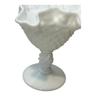 Vintage Fenton Hobnail Footed Milk Glass Compote/Candy Dish Signed Pedestal Ruffled Edge 5” Height For Sale