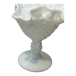 Vintage Fenton Hobnail Footed Milk Glass Compote/Candy Dish Signed Pedestal Ruffled Edge 5” Height