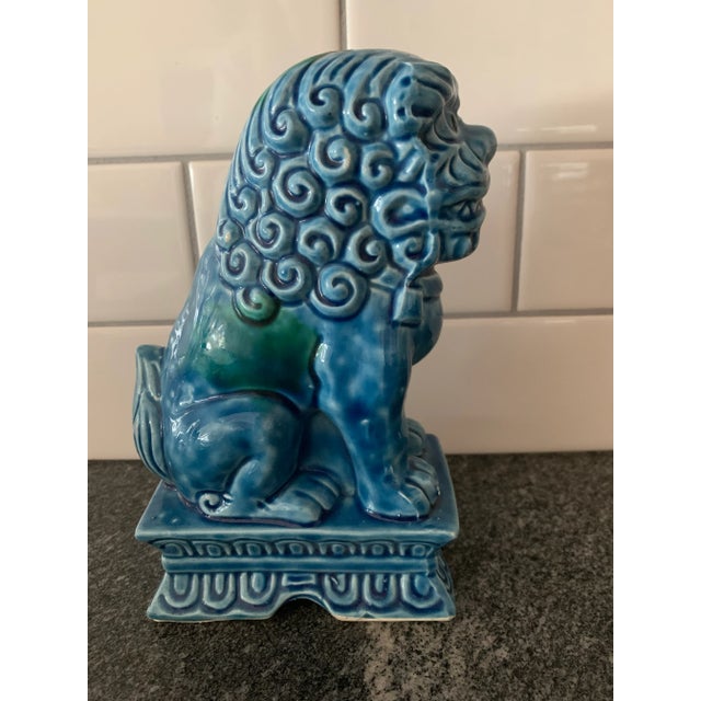 Chinese Vintage Blue Glazed Ceramic Chinese Foo Dog Sculpture For Sale - Image 3 of 7