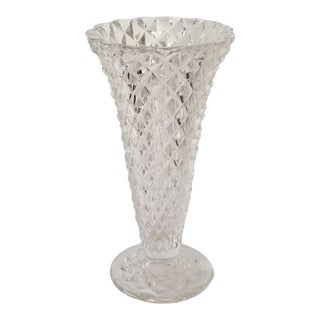 Mid 20th Century Art Deco Diamond Pattern Scalloped Rim Crystal Glass Vase For Sale