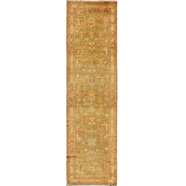 Turkish Oushak Runner With Traditional All-Over Design in Yellow Green For Sale