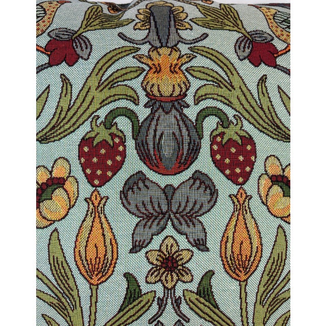 Textile 20" Square Decorative Throw Pillow Embellished With a Renaissance Tapestry Look Floral Pattern Including Birds & Strawberries - Made in the U K For Sale - Image 7 of 12