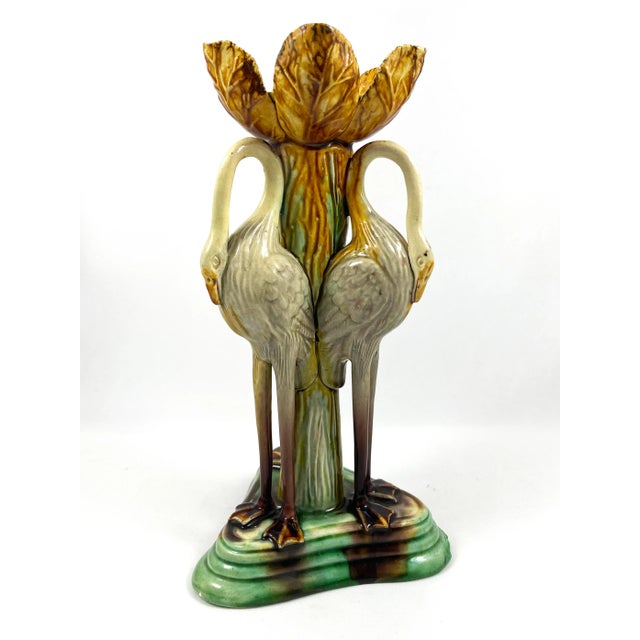 Majolica Antique Late 19th Century Portuguese Manuel Mafra Majolica Candlestick, Storks With Ochre Leaves & Green Base For Sale - Image 4 of 9