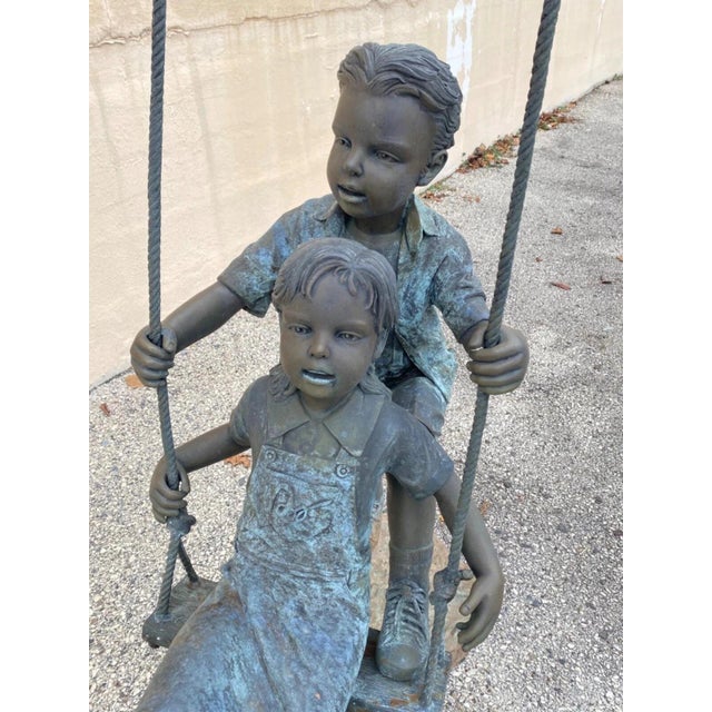 Victorian Late 20th Century Large Bronze Boy and Girl Children Swinging Garden Outdoor Statue Sculpture For Sale - Image 3 of 9