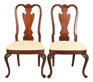 Thomasville Queen Anne Carved Solid Mahogany Side Chairs or Dining Chairs, Pair