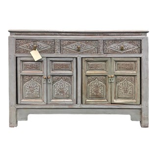 Chinese Distressed Gray Floral Motif Sideboard Console Table Cabinet For Sale