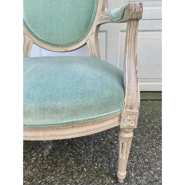 A French Country Classic | Louis XVI Fauteuil in Soft Celadon Velvet For Sale - Image 4 of 10