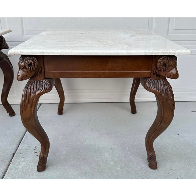 Vintage Ram’s Head Carved Walnut & Travertine Side Tables Attributed to Minton Spidell – Pair For Sale In San Diego - Image 6 of 18