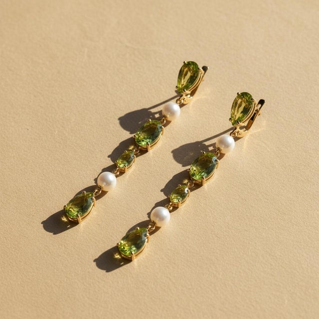 Peridot & Pearl Drop Multi-Shape Earrings, Silver, Gold, Pair For Sale - Image 6 of 9
