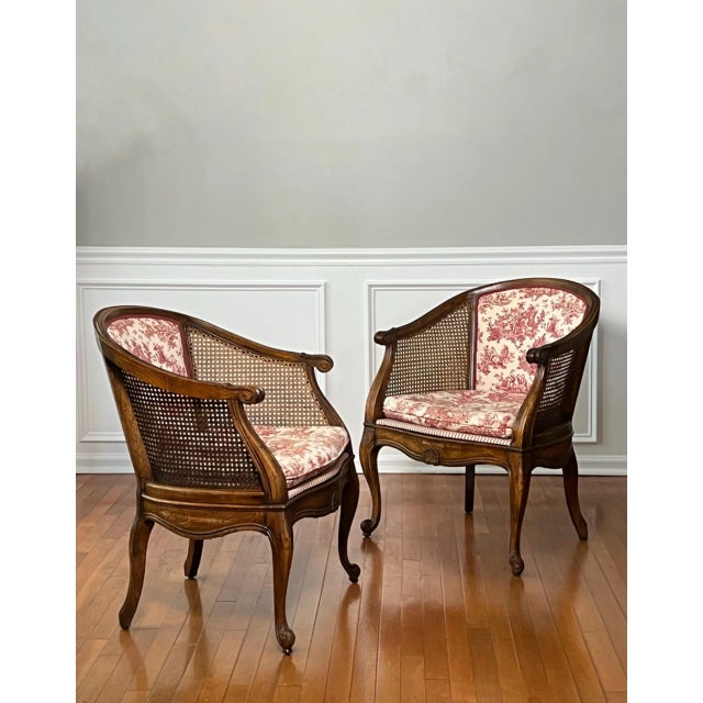Pair French Louis XV Style Walnut and Cane Barrel Back Bergere Chairs in Toile, 20th C. For Sale - Image 13 of 13