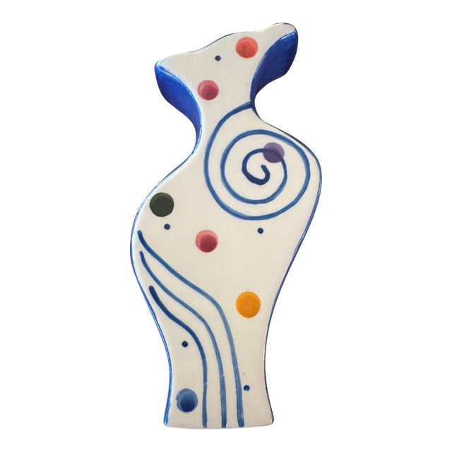 1990s Ceramic Art Vase With Swirl and Dot Pattern and Blue Sides For Sale
