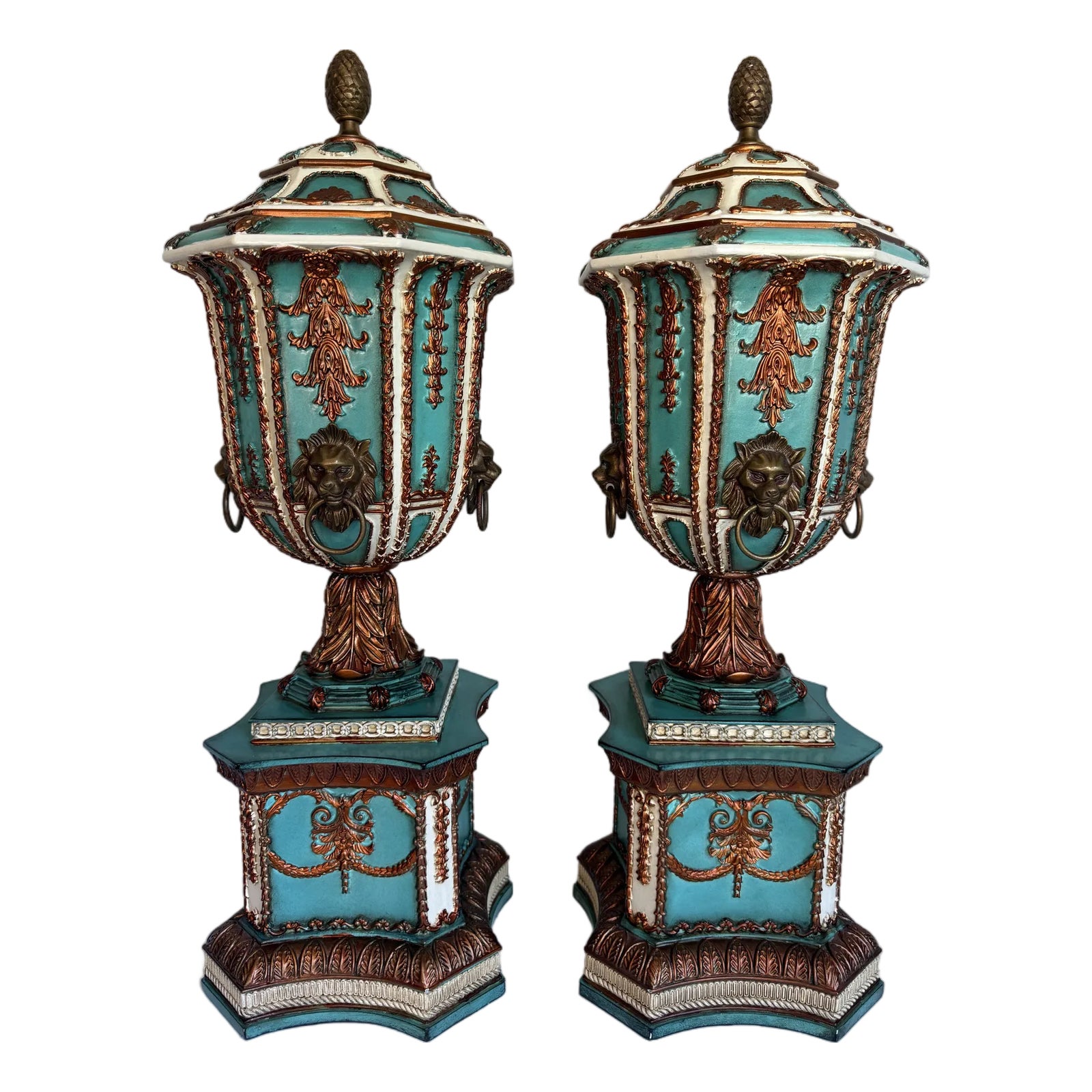 Pair Lam Lee Group Neoclassical Style Turquoise & Copper Lidded Urn ...