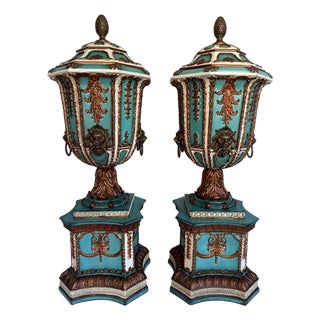 Pair Lam Lee Group Neoclassical Style Turquoise & Copper Lidded Urn Mantel Vases For Sale
