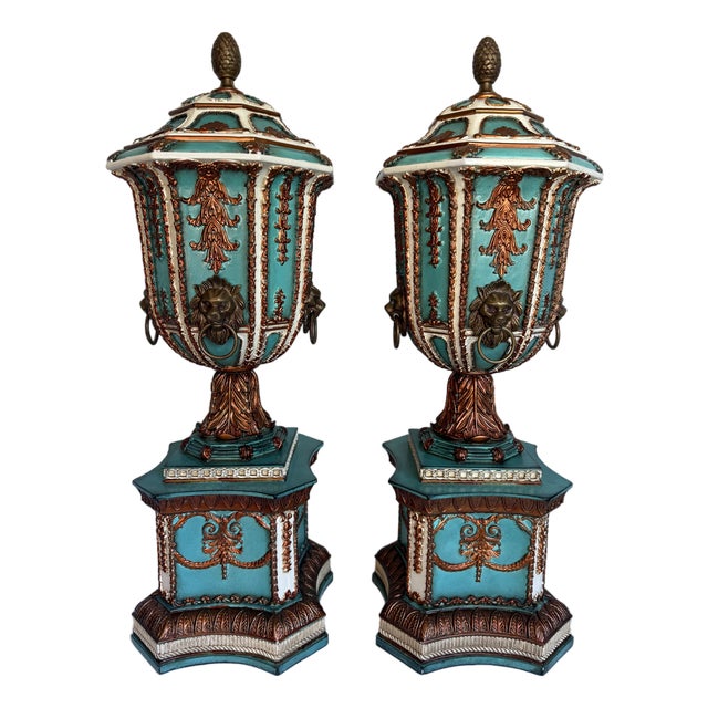 Pair Lam Lee Group Neoclassical Style Turquoise & Copper Lidded Urn Mantel Vases For Sale