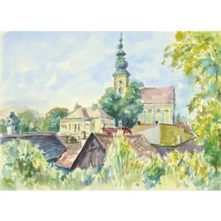 Wilhelm Kloden, French Watercolor Landscape - Village Center For Sale