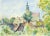Wilhelm Kloden, French Watercolor Landscape - Village Center For Sale