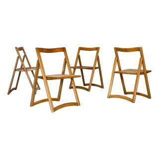 Vintage Folding Chairs in Ash and Vienna Straw, 1970s, Set of 4 For Sale