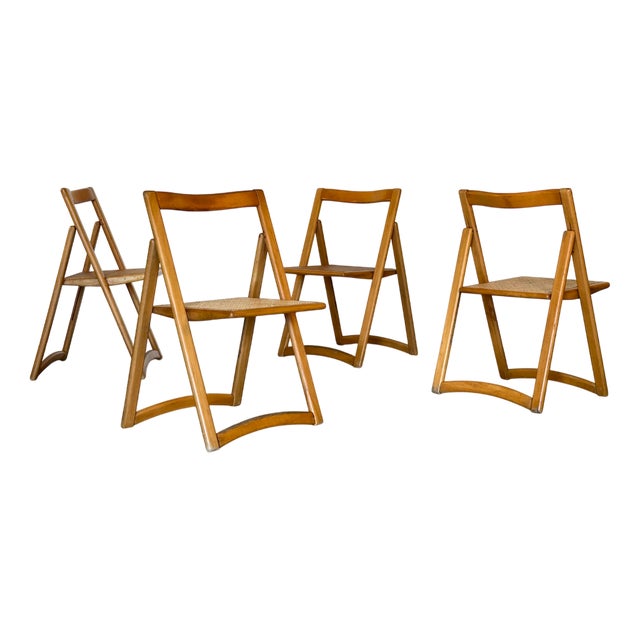 Vintage Folding Chairs in Ash and Vienna Straw, 1970s, Set of 4 For Sale