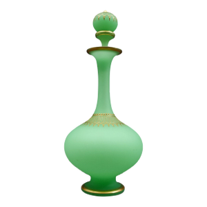 Mid 20th Century French Opaline Satin Green Gold Gilded Uranium Glass Decanter Bottle 9 3/8"