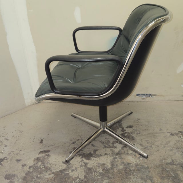 Iconic Early Charles Pollock Executive Armchairs a Pair Solid Aluminum Base Green Leather For Sale - Image 9 of 14