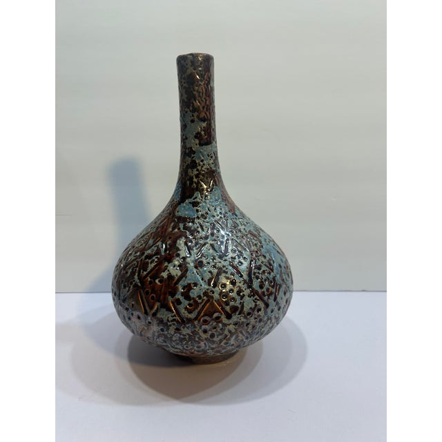 Mid‑Century European Textured Ceramic Vase – Teal & Brown Volcanic Glaze For Sale - Image 10 of 16