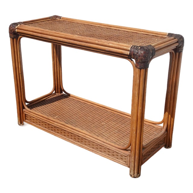Vintage Rustic Console Sofa Table Tiki Palm Beach Style W Bamboo Rattan Leather For Sale