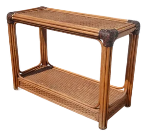 Vintage Rustic Console Sofa Table Tiki Palm Beach Style W Bamboo Rattan Leather