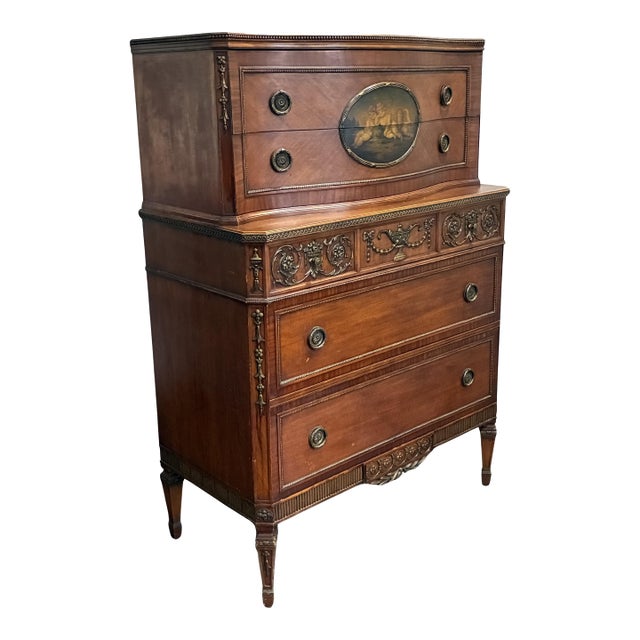 Early 20th Century Neoclassical Mahogany Chest on Chest With Hand-Painted Oval Medallion & Bronze Ormolu For Sale