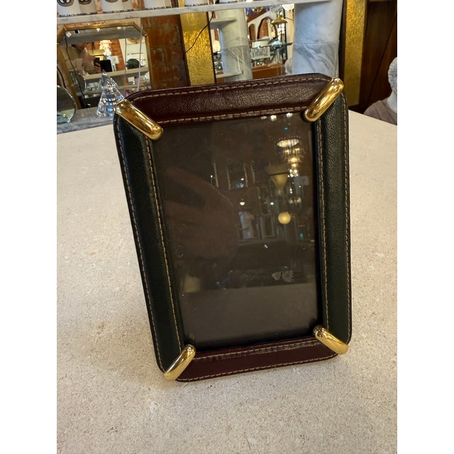 Italian Italian Leather Picture Frame With Gilt Metal Corner Accents, 1970s For Sale - Image 3 of 6