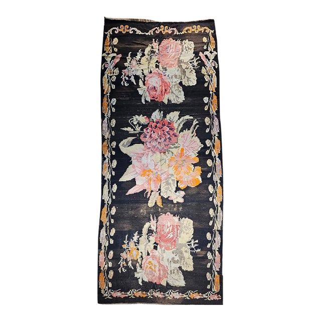 Vintage Caucasian Karabagh Kilim, Floral wreath Design, Handwoven Wool, 5' x 14' For Sale