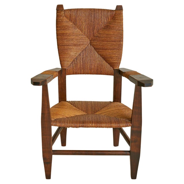 French Wood + Rush Armchair in Manner of Charlotte Perriand, 1940s For Sale - Image 10 of 18