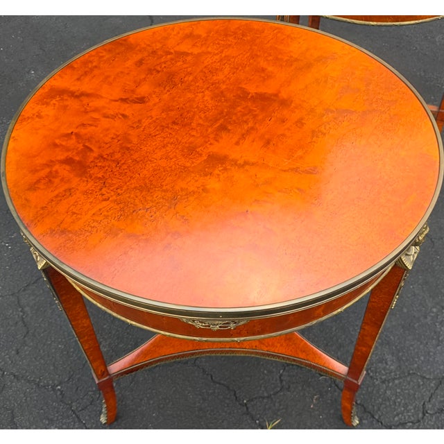 Pair of Mid 20th Century John Widdicomb Neoclassical Figured Burlwood Side Tables With Brass Galleries and Bronze Ram's Head Mounts For Sale - Image 10 of 13