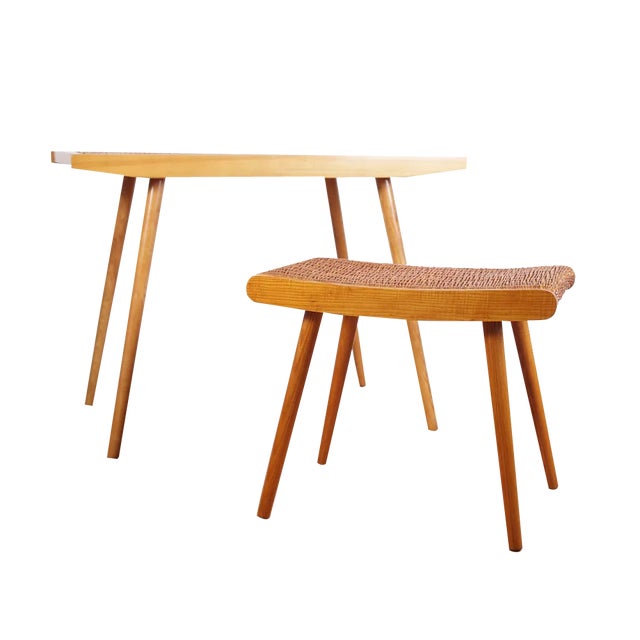 Mid-Century Ash and Wickerwork Side Table and Stool from Uluv, 1960s, Set of 2 For Sale