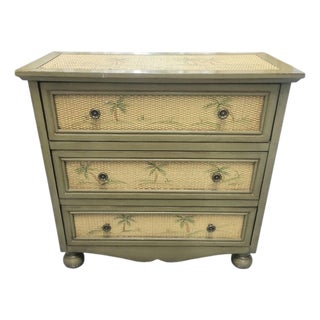 Vintage Palm Beach Regency Painted Palm Tree Woven Rattan Sage Green Three-Drawer Chest / Nightstand For Sale