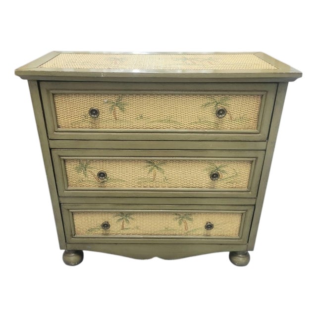 Vintage Palm Beach Regency Painted Palm Tree Woven Rattan Sage Green Three-Drawer Chest / Nightstand For Sale