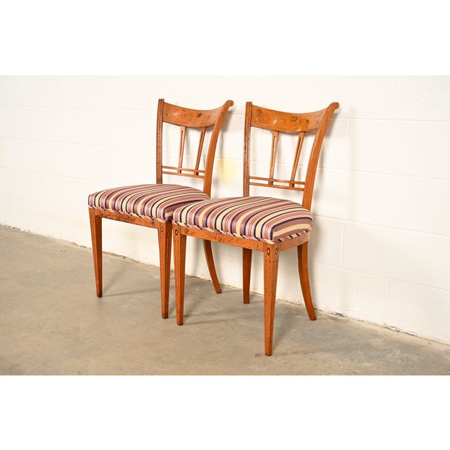 Early 20th Century Antique Italian Regency Fruitwood Inlaid Marquetry Side Chairs or Dining Chairs, Pair For Sale - Image 5 of 17